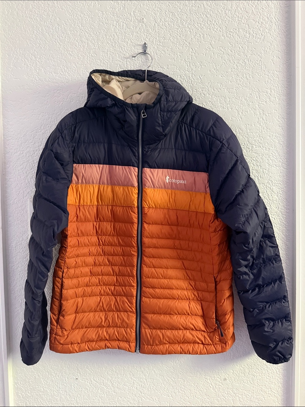 cotopaxi Women’s Colorblock Hooded Puffer Jacket - Navy, Orange, Peach